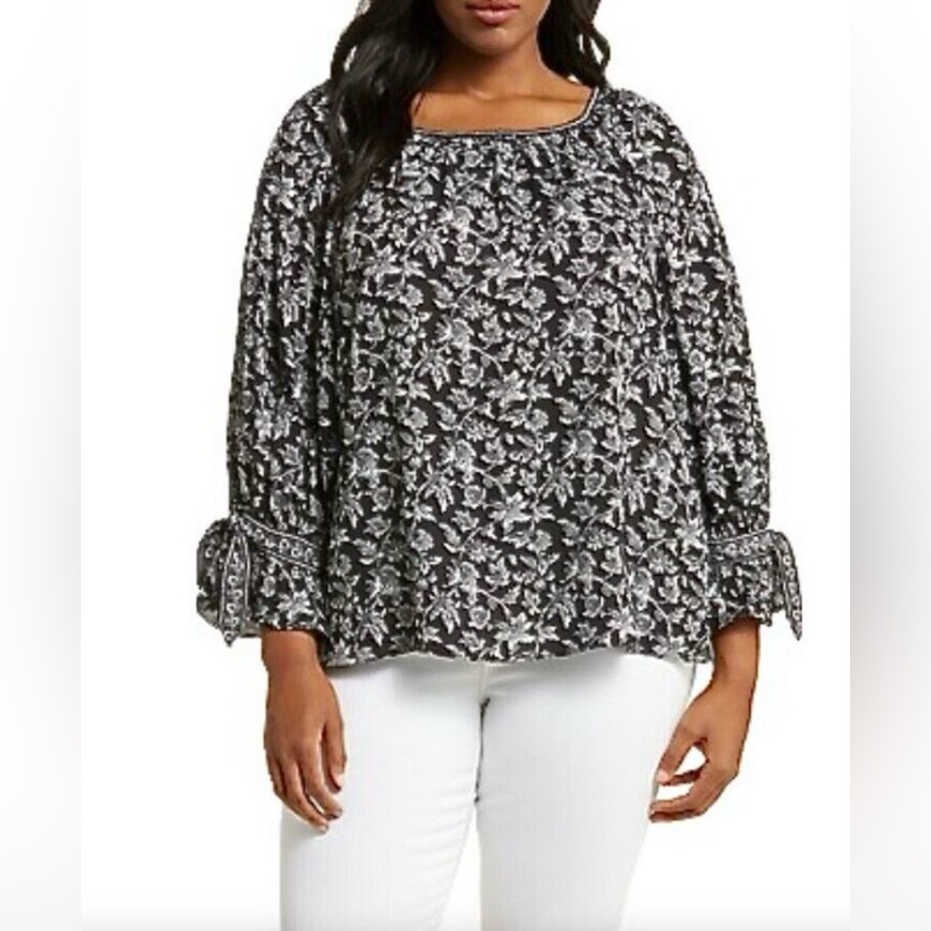 Max Studio Floral Tie Cuff Sleeves Top Size Large Black & White
